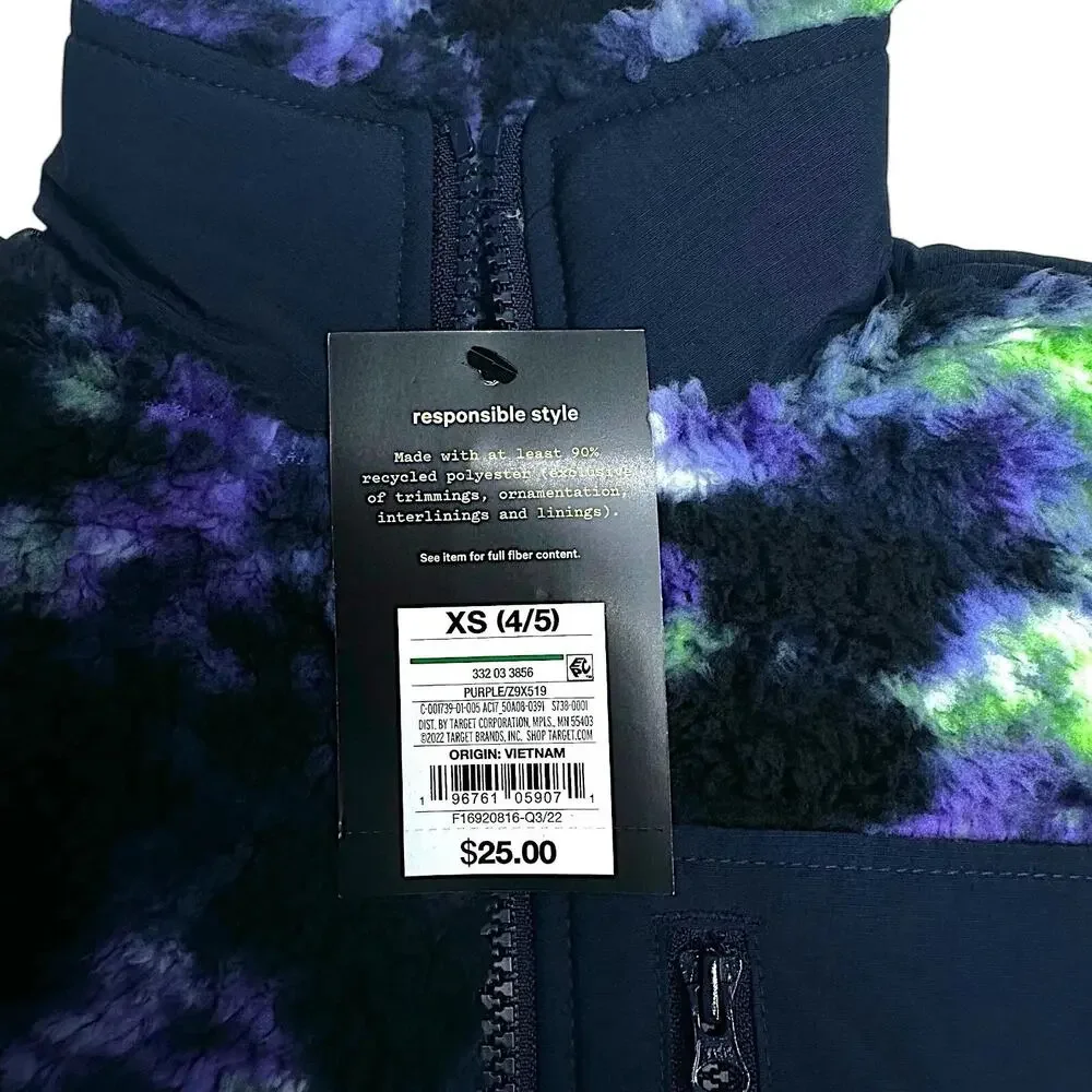 Art Class Sherpa Fleece Jacket Boys XS 4/5 Purple Blue Green Full Zip Pocket New